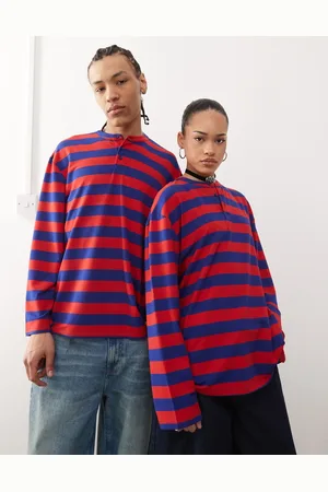 Reclaimed Unisex striped henley long sleeve top in orange and