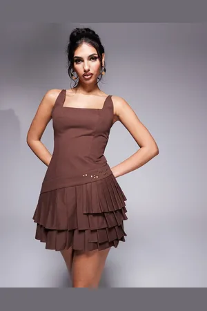 Murci Exclusive square neck lace up back stud detail pleated hem mini dress in