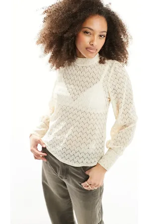 JDY Long sleeve lace top in sandshell