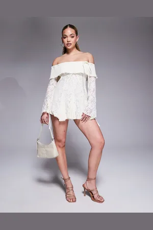 Murci Exclusive bardot fit and flare lace mini dress in cream