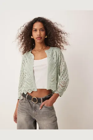 JDY 3/4 sleeve cropped eyelet cardigan in light sage