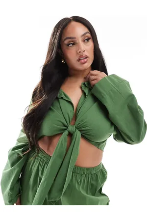 Esmée Exclusive loose tie front beach shirt in olive - part of a set