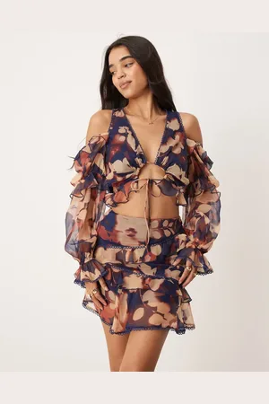 ASOS Long sleeve ruffle detail top in midnight floral - part of a set