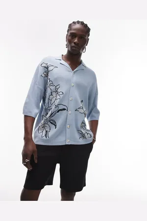 Topman Relaxed camp collar knit embroidered floral shirt in light