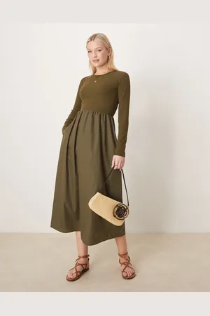 Threadbare Long sleeve midi dress in khaki with poplin skirt