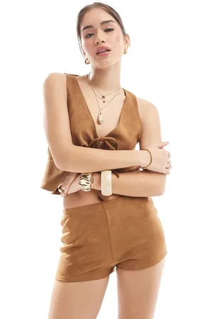 Miss Selfridge Western suede look booty shorts in tan