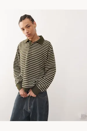 Reclaimed Waffle polo rugby shirt in green stripe