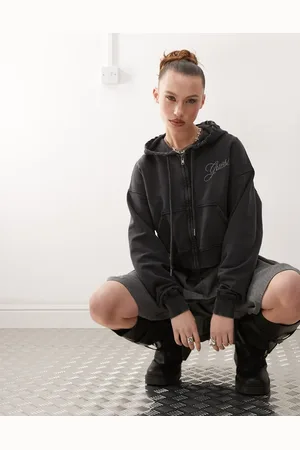 Guess Cropped hoodie in washed with rhinestone logo