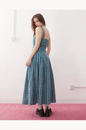 Reclaimed Midi sundress with drop waist in green check
