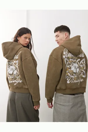Reclaimed Unisex boxy hoodie with back graphic in khaki