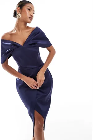 Lavish Alice Draped off the shoulder bonded satin midi dress in