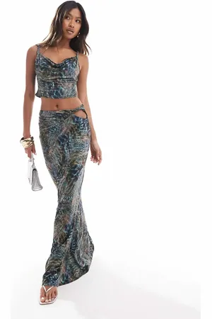 ASOS Slinky cut-out hip maxi skirt in blue print