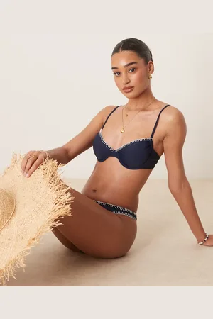 Stradivarius Stitch detail balconette bikini top in navy and white