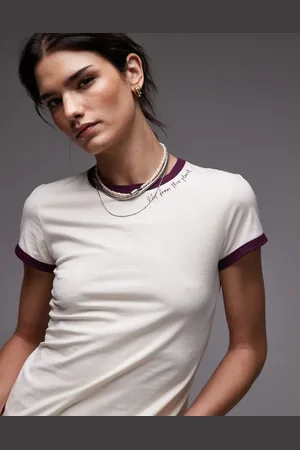 & OTHER STORIES Fitted jersey T-shirt top in off with contrast binding and ciao amore embroidery