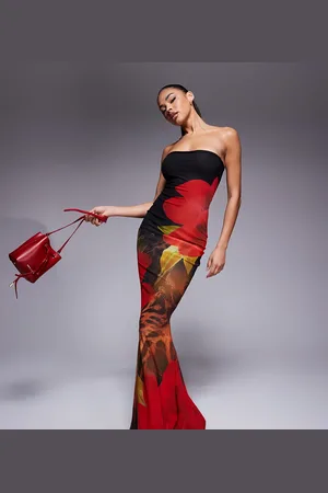Murci Exclusive bandeau fishtail maxi dress in black and red flower print