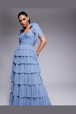 Lace & Beads Bow shoulder tiered tulle maxi dress in dusty