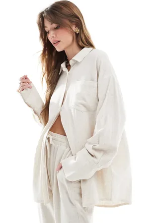 4th & Reckless Linen blend oversized button up collared shirt in beige - part of a set