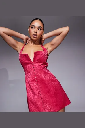 Murci Exclusive structured notch detail hook and eye mini dress in flower jacquard