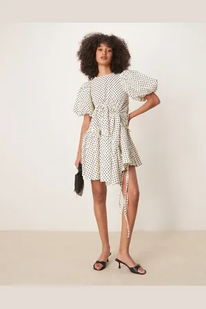 Ghospell Ruched asymmetric polka dot mini dress in pearl ivory