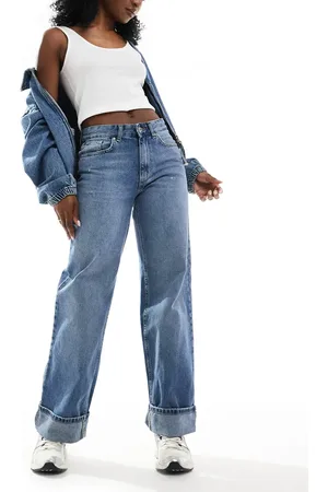 ONLY Ella wide leg fold up jeans in mid