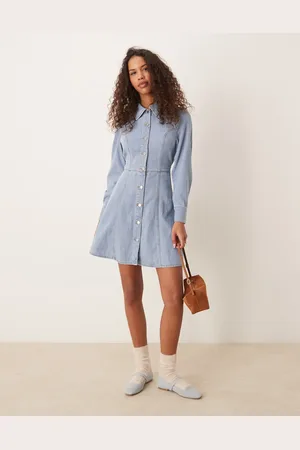 JDY Long sleeve belted denim dress in light wash