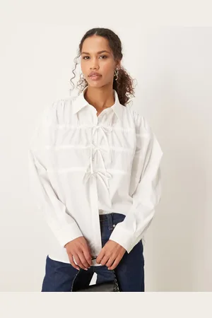 Ghospell Drawstring bow detail blouse in pearl ivory