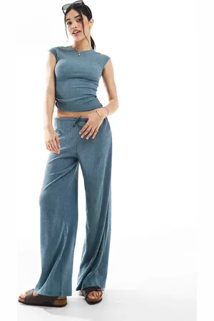Pull&Bear Textured wide leg pants in teal - part of a set