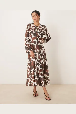 Y.A.S Long sleeve satin maxi dress in brown cow print