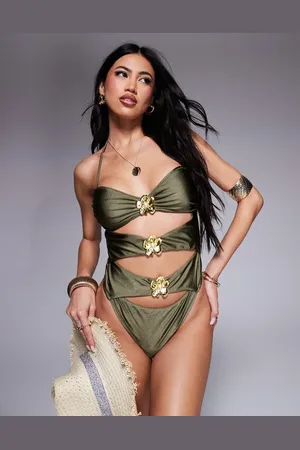 Candypants Gold flower hardware cut-out swimsuit in olive