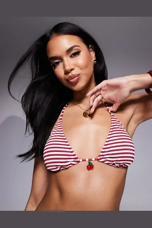 Candypants Stripe crinkle cherry triangle bikini top in red and white