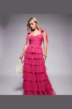 Lace & Beads Bowshoulder tiered tulle maxi dress in