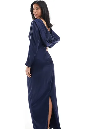 TFNC Bridesmaid long sleeve satin cowl back maxi dress in