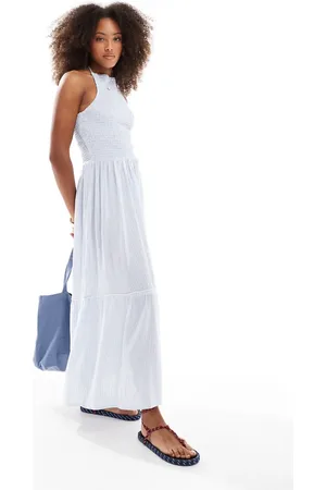 Esmée Exclusive shirring halter maxi beach dress in blue and white stripe