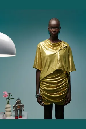 Bimba y Lola Asymmetric tie shoulder crop top in metallic olive - part of a set