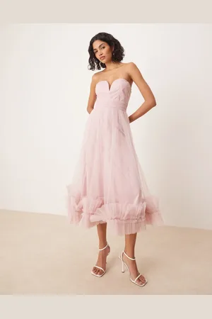 Lace & Beads Corset tulle ruffle hem midaxi dress in powder