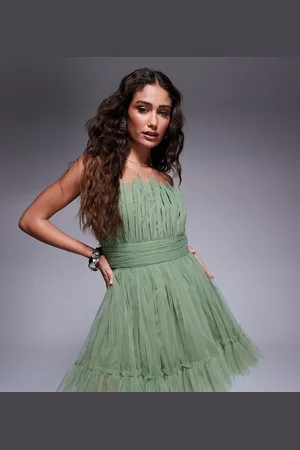 Lace & Beads Bandeau structured mini dress in olive