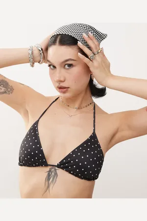 Monki Mix and match triangle tie up bikini top in and white polka dot