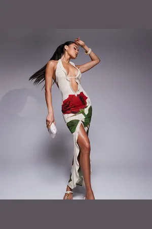 Murci Exclusive mesh ruffle halterneck deep plunge front split open back maxi dress in cream rose print