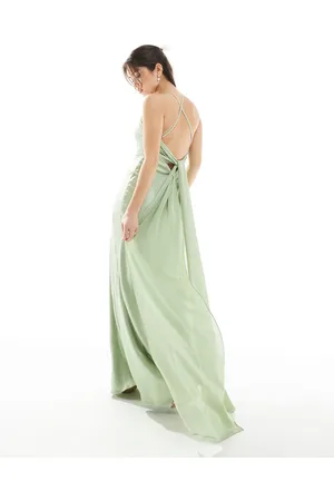 TFNC Bridesmaid cami satin maxi dress with chiffon tie back in sage