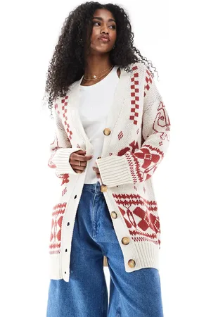 ASOS Knitted v neck longline cardigan in folk pattern in rust