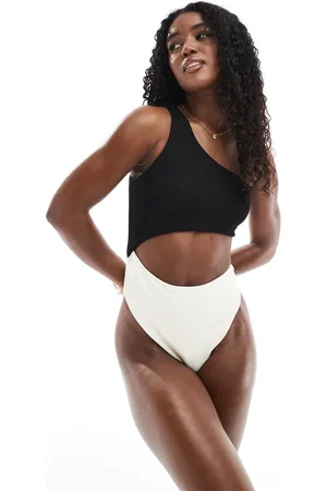 The Frolic Exclusive one shoulder cut out swimsuit in and cream color block