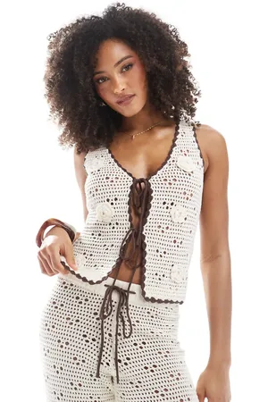 The Frolic Exclusive crochet knit contrast trim tie front beach vest top in cream - part of a set