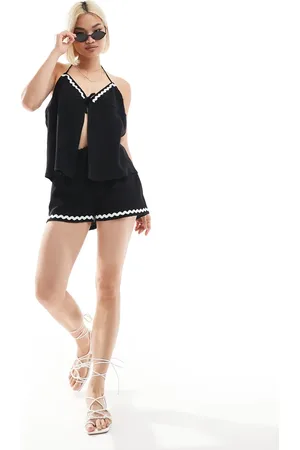 The Frolic Exclusive cotton cheesecloth contrast ric rac trim open tie front halterneck beach top in - part of a set