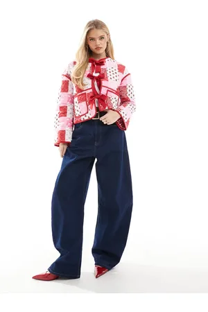 The Frolic Exclusive quilted bow tie front reversible jacket in red gingham and patchwork print