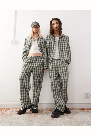 Reclaimed Unisex wide leg pants in green plaid - part of a set