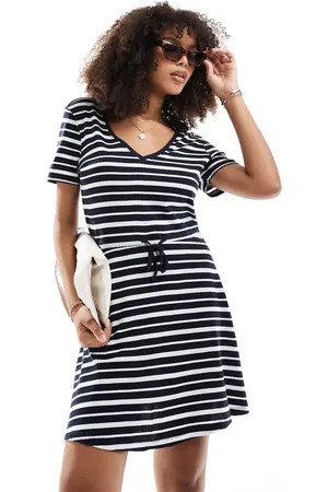 ONLY V neck tie waist mini dress in white and stripe
