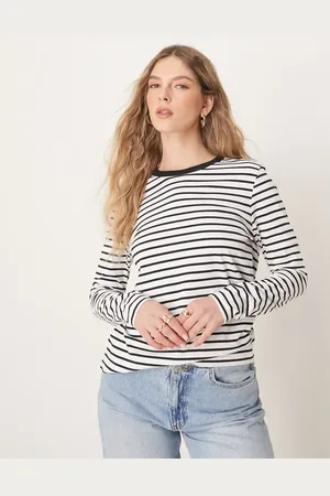 SELECTED Femme long sleeve boxy T-shirt in black/white stripe