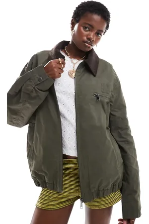 COLLUSION Waxed jacket with cord collar in khaki