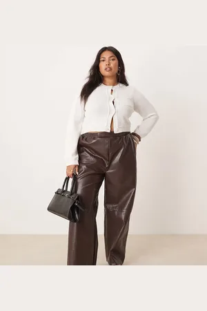 ASOS Curve faux leather pull on barrel pants in chocolate