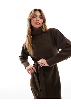 Threadbare Roll neck tie waist midi sweater dress in chocolate